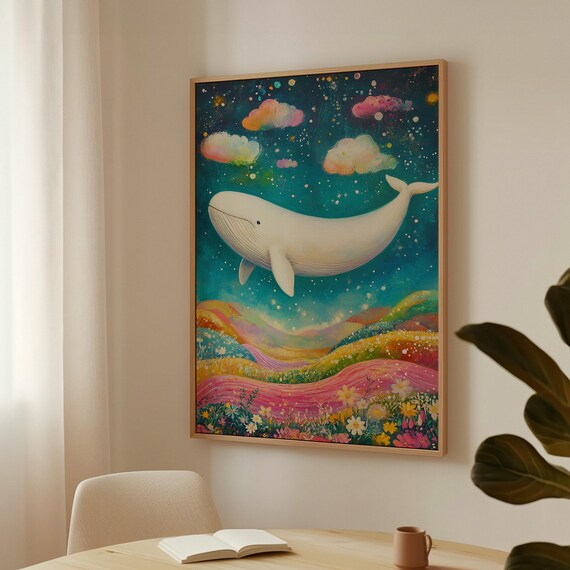Dreamy Whale Art Surreal Fantasy Landscape With Pink River Wildflowers And Starry Night Sky
