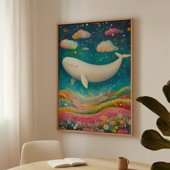 White Whale Soaring Above Rainbow Flower Hills Starry Sky Poster