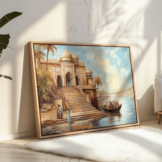 Ancient Riverside Temple Scene Vintage Orientalist Painting Of India River Steps Boat With People Exotic Architecture Art