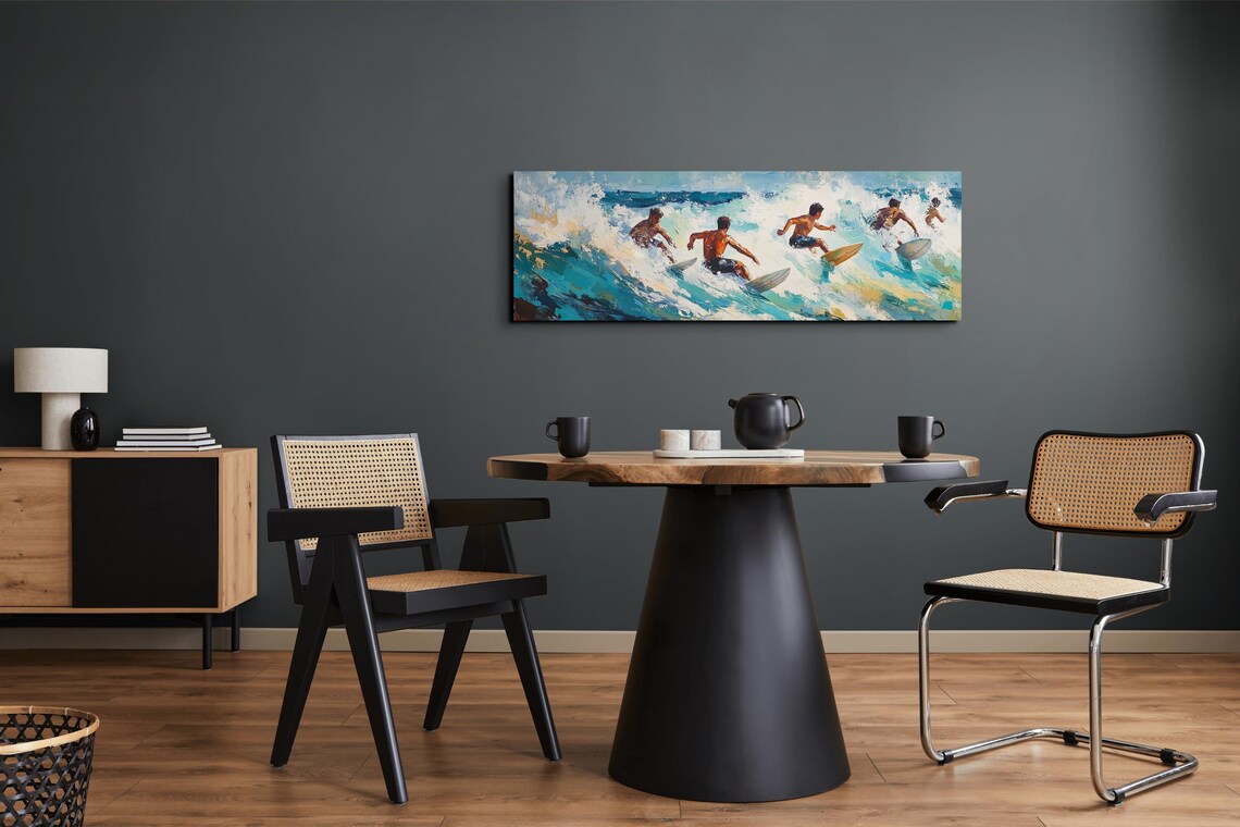 Surfers Riding Crashing Waves Ocean Action Panoramic Painting Poster - Image 4