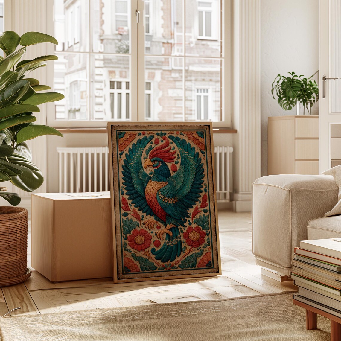 Majestic Folk Art Phoenix Teal Red Bird Floral Border Poster
