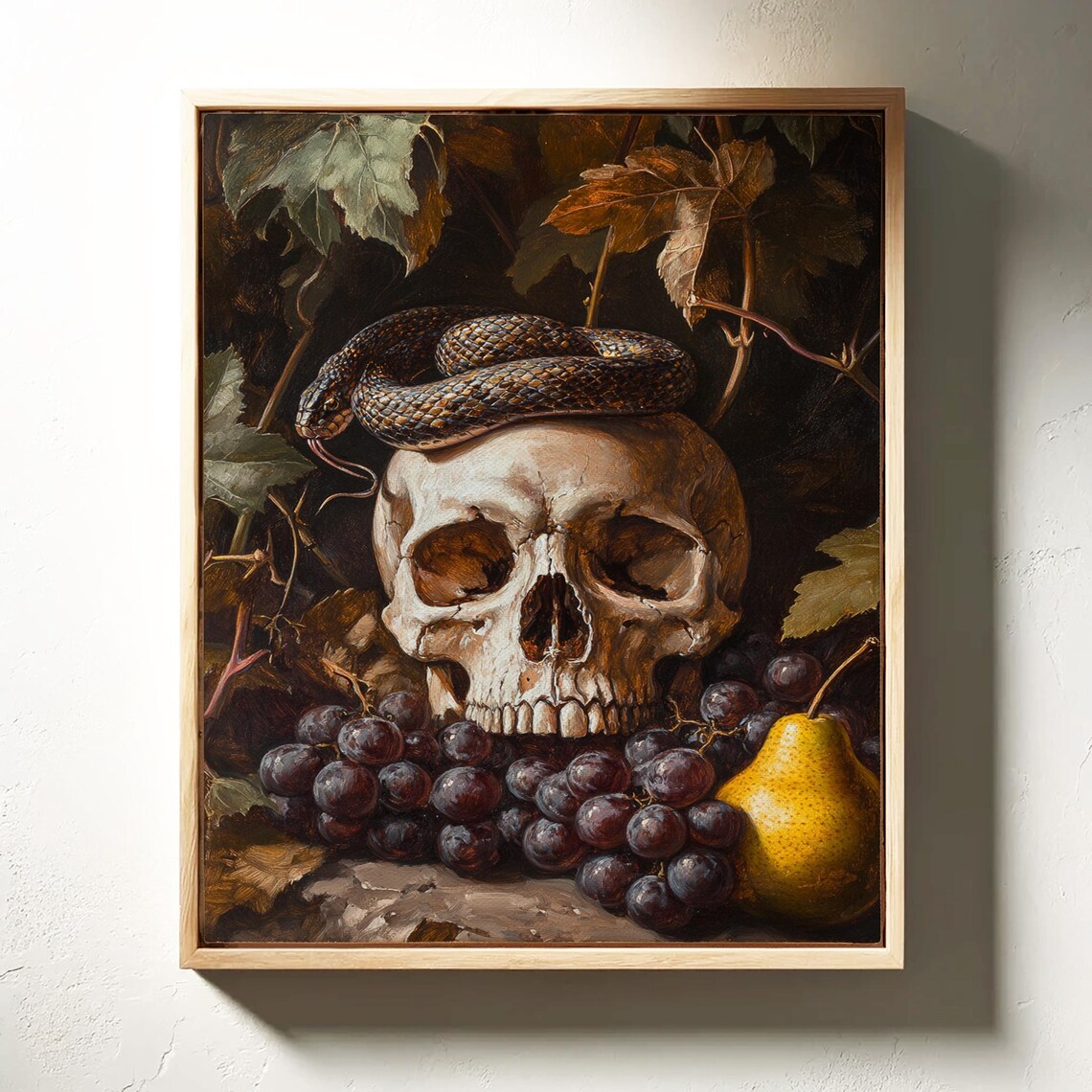 Skull Snake Grapes Pear Dark Still Life Gothic Vintage Oil Painting Poster - Image 3