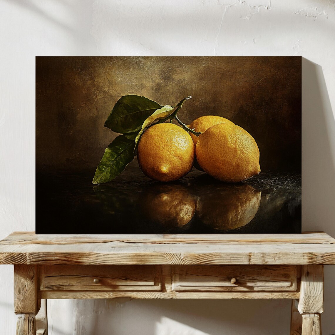 Three Lemons Still Life Painting on Dark Moody Background Poster