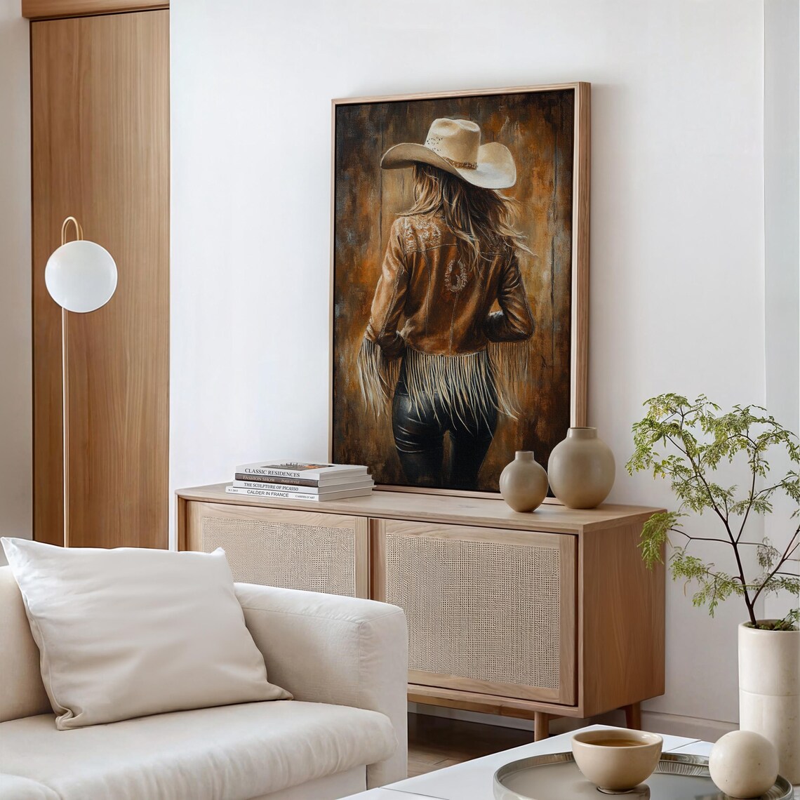 Cowgirl Back View in Brown Leather Fringe Jacket Western Poster - Image 3