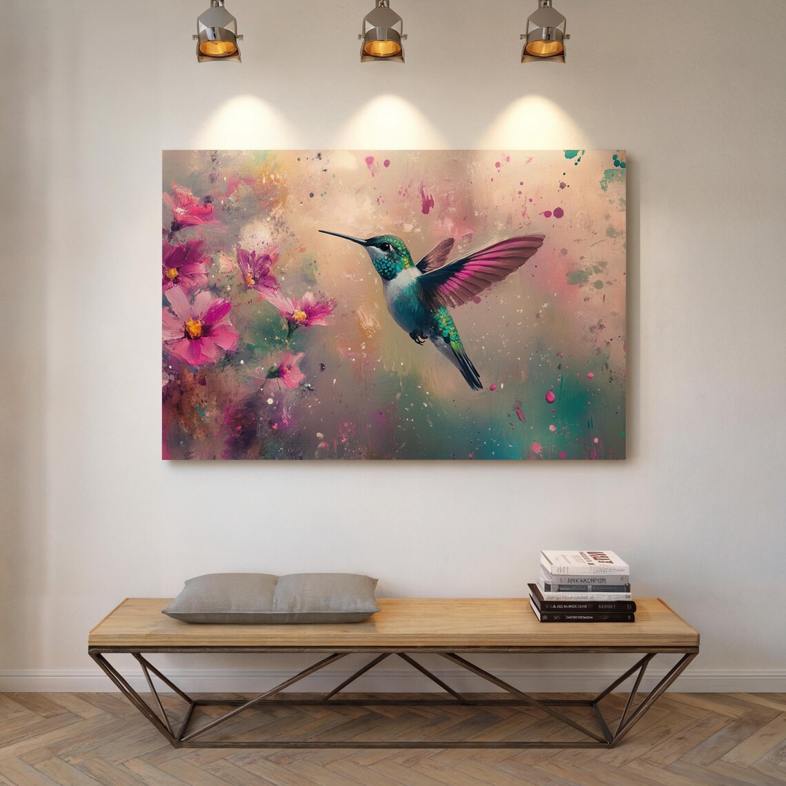 Vibrant Hummingbird Pink Flowers Abstract Nature Flying Bird Poster - Image 5