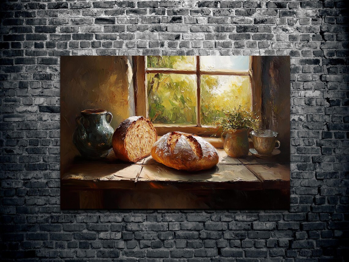 Rustic Bread Loaves Sunlit Window Still Life Oil Painting Poster - Image 2
