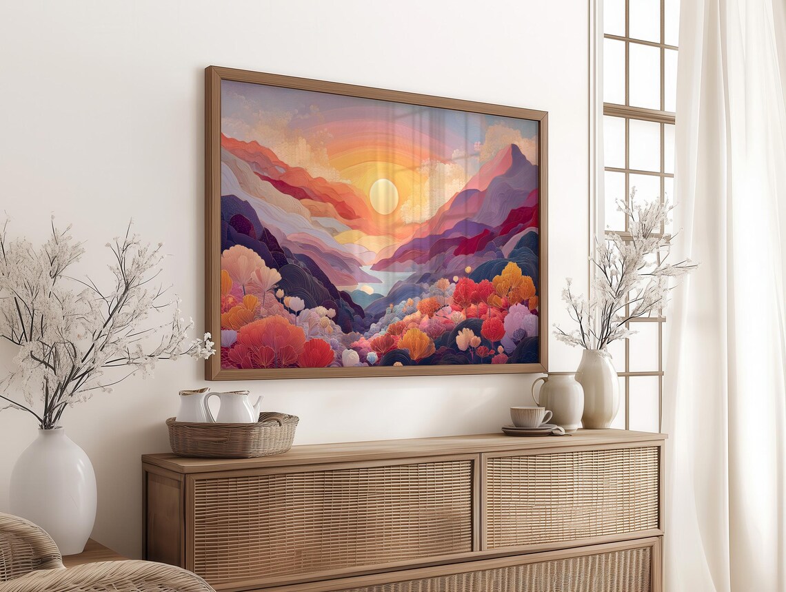 Radiant Valley Golden Dawn Layered Mountain Sunrise Art Poster