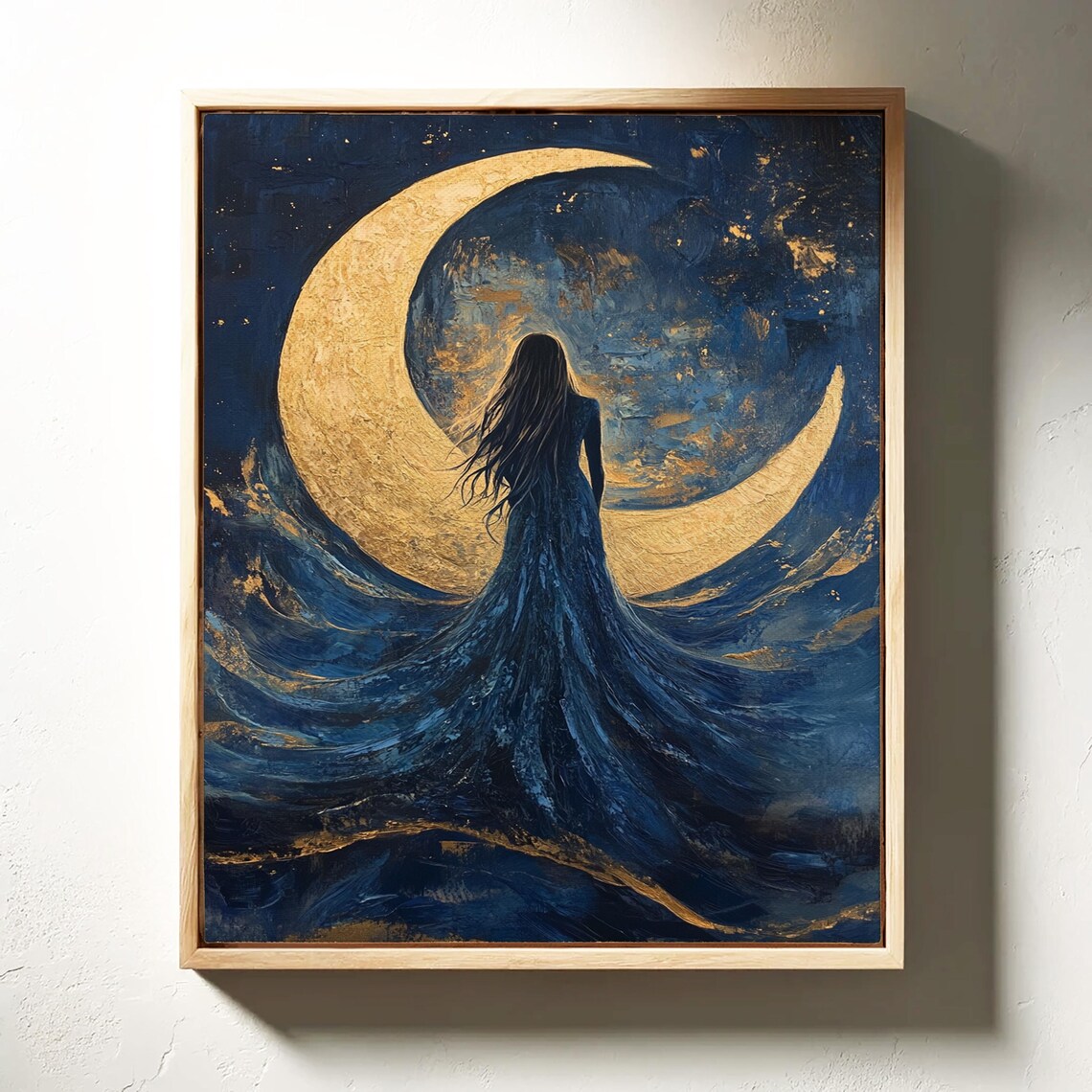 Celestial Woman Blue Flowing Dress Golden Crescent Moon Mystical Poster - Image 3