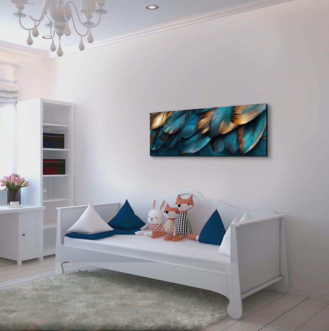 Teal And Gold Feather Close Up Luxury Panoramic Nature Art Poster - Image 6