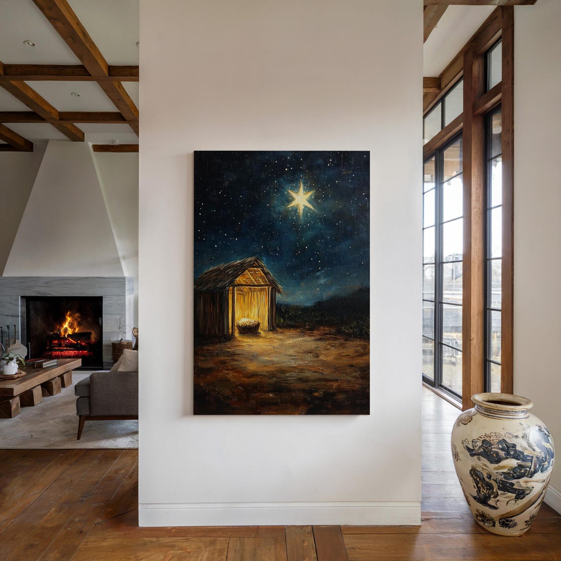 Nativity Manger Under the Christmas Starry Night Sky Religious Poster - Image 6