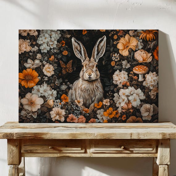 Whimsical Rabbit In Floral Wonderland Wall Art Nature Inspired Decor With Vibrant Flowers Mushrooms And Butterfly