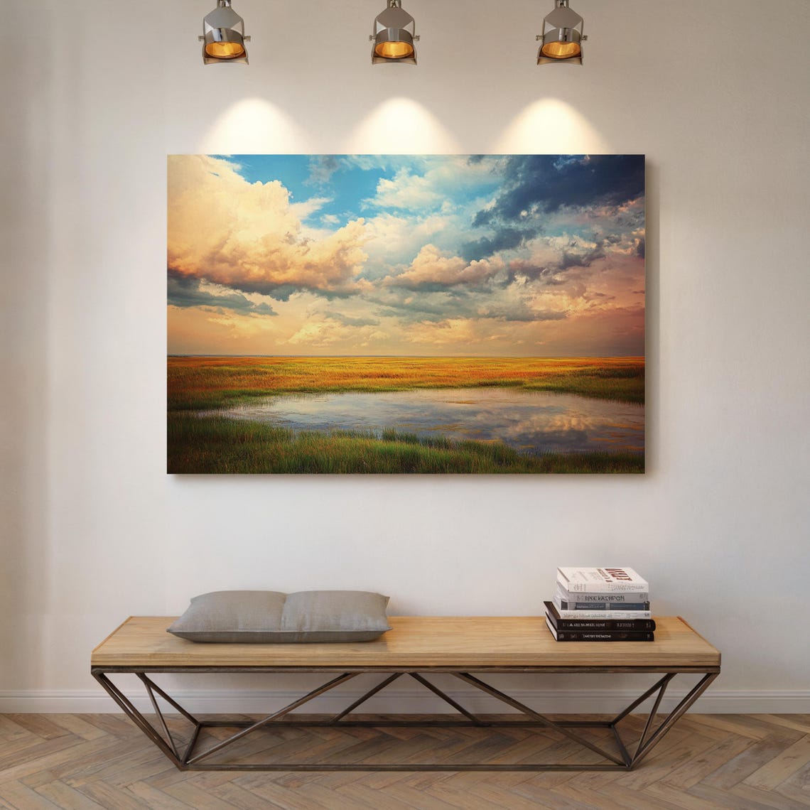 Serene Golden Field Art Tranquil Landscape With Reflective Pond Stunning Sky Nature Wall Decor For Home Or Office - Image 4