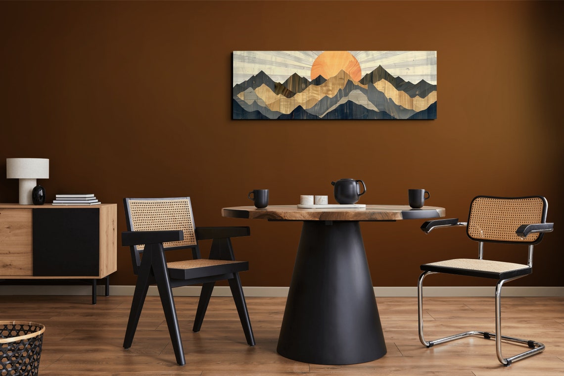 Wood Style Mountain Range Layered Peaks with Sunrise Art Poster - Image 7
