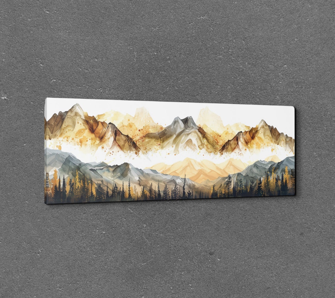 Mist Covered Mountains Gray Gold Panoramic Watercolor Poster - Image 3