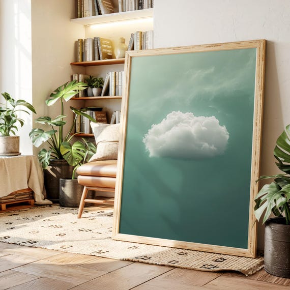 Minimalist White Cloud On Mint Green Sky Serene Floating Canvas Wall Art For Calm Whimsical Modern Dreamy Room Decor