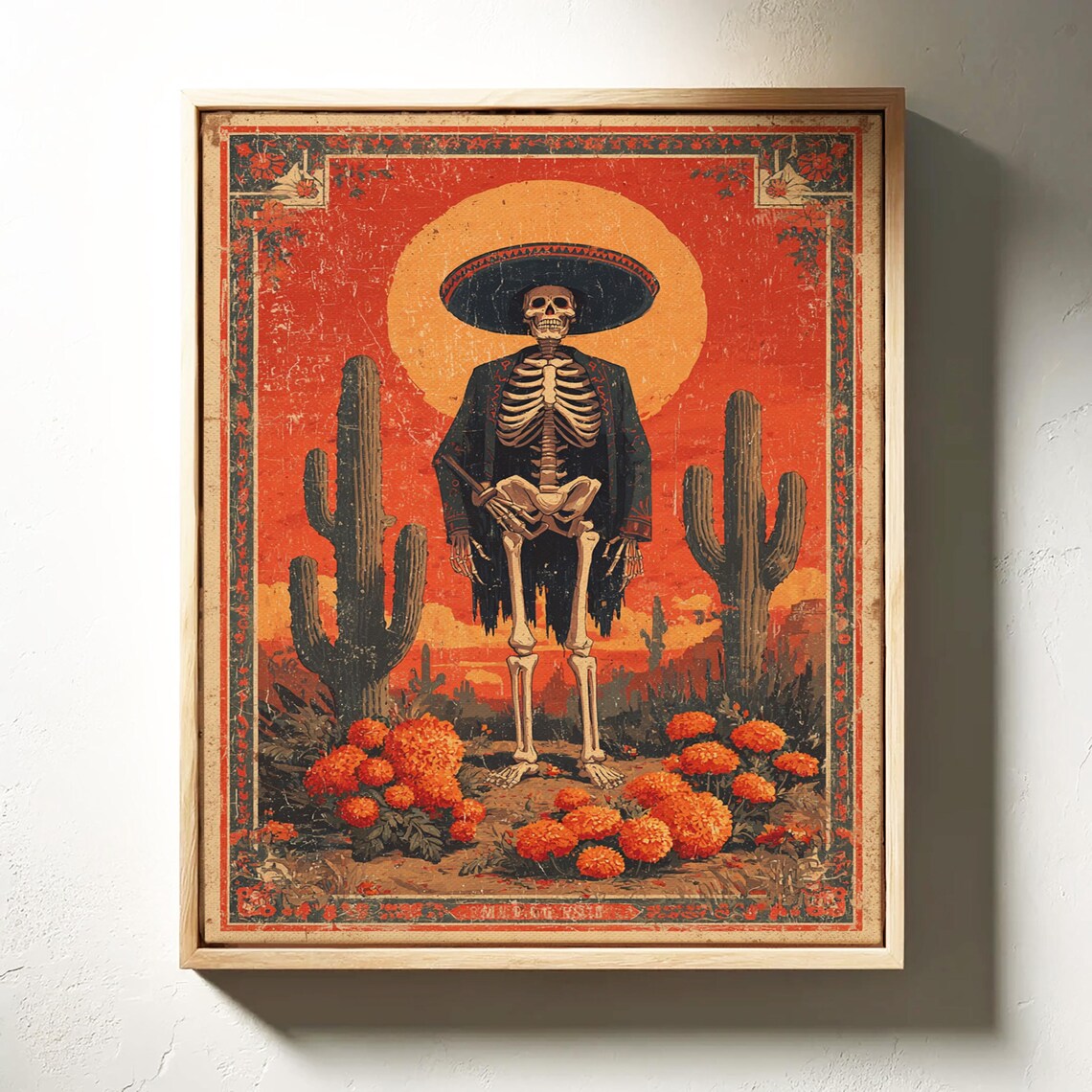 Skeleton Charro In Sombrero Desert Sunset Day Of Dead Poster