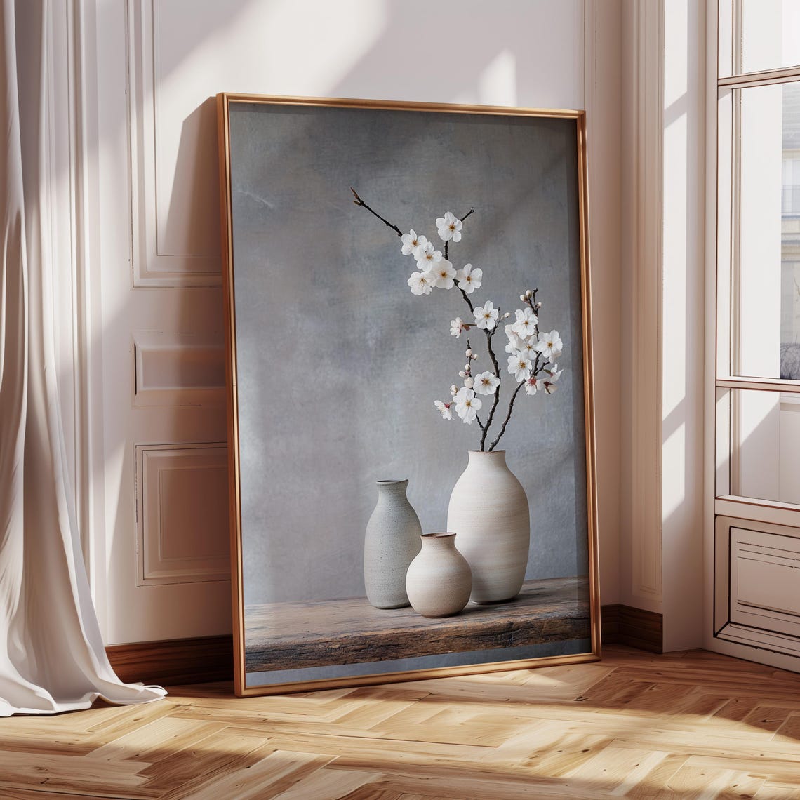 White Blossom Branch Minimalist Still Life Ceramic Vase Poster - Image 3