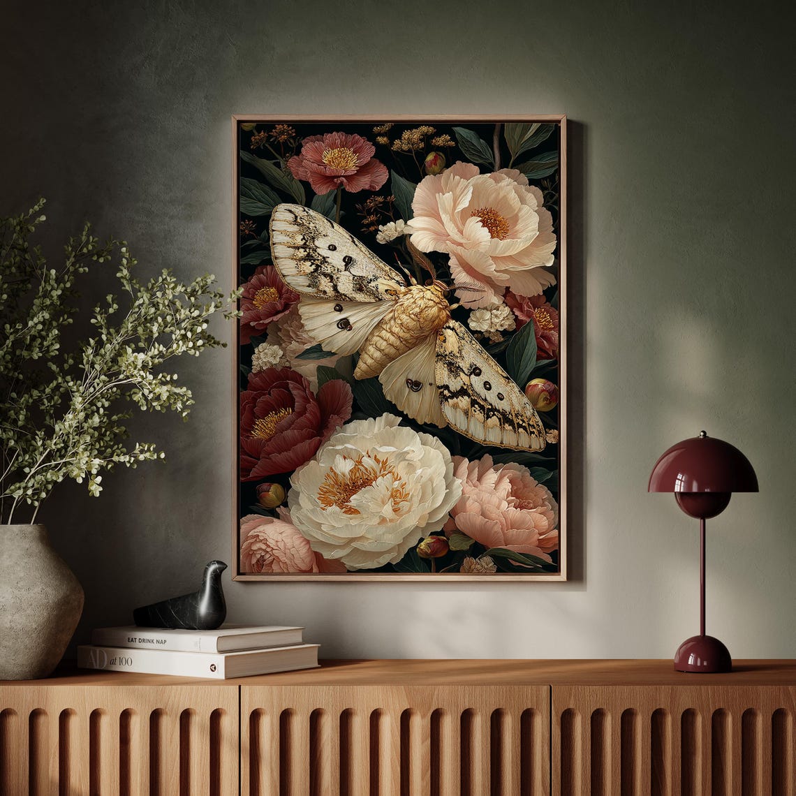 Giant Moth Among Dark Botanical Peonies Vintage Painting Art Poster
