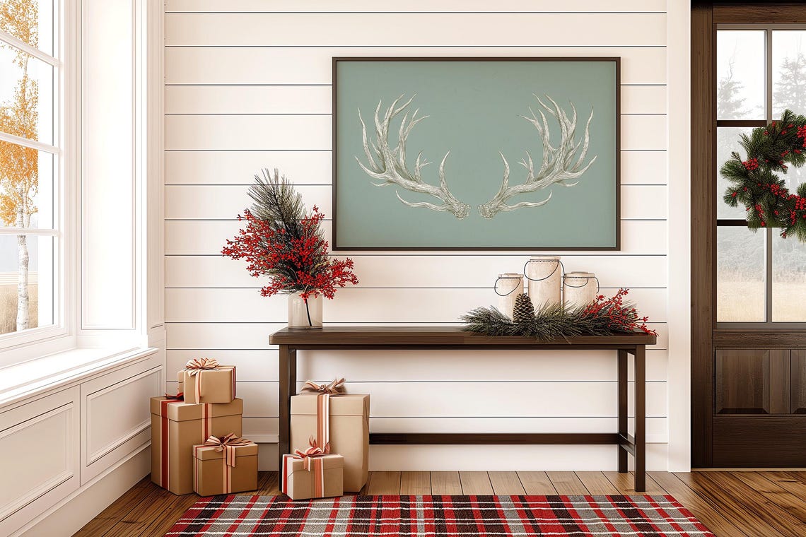 Minimalist Deer Antlers Line Art On Sage Green