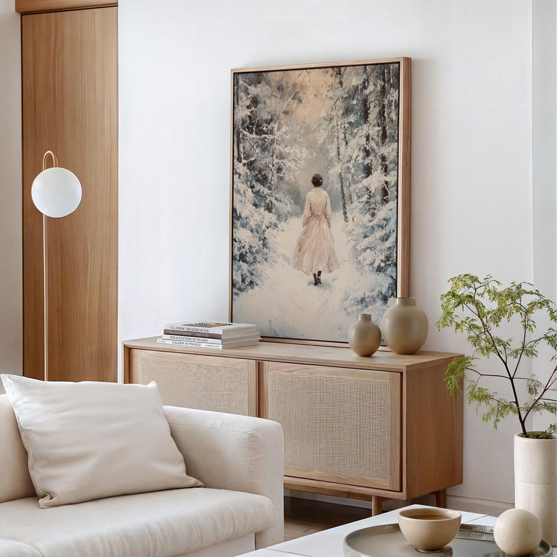 Woman Walking Into Snowy Pine Forest Path Serene Winter Scene Poster - Image 6