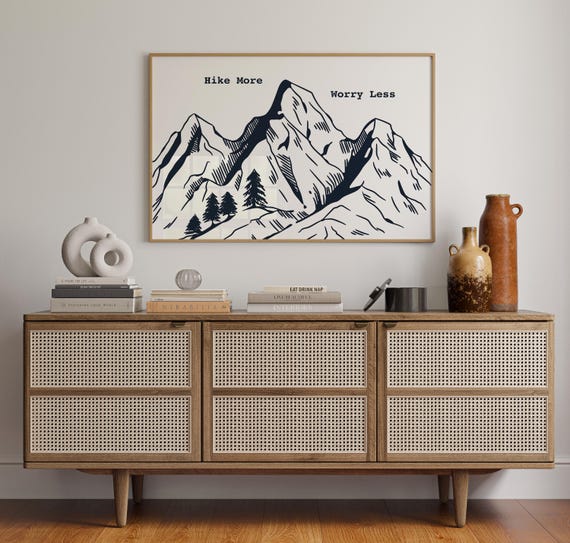 Hike More Worry Less Hand Drawn Mountain Peaks With Motivational Quote Outdoor Art