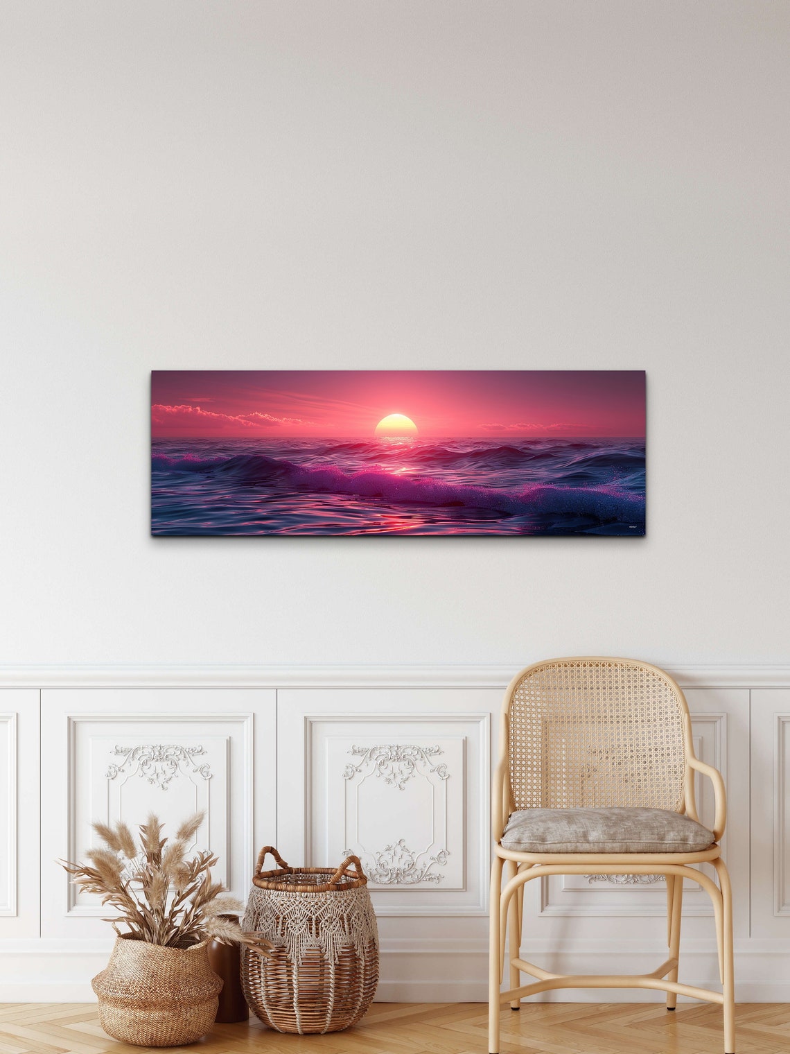 Pink Ocean Sunset with Waves Under Glowing Sun Panorama Wall Art - Image 3