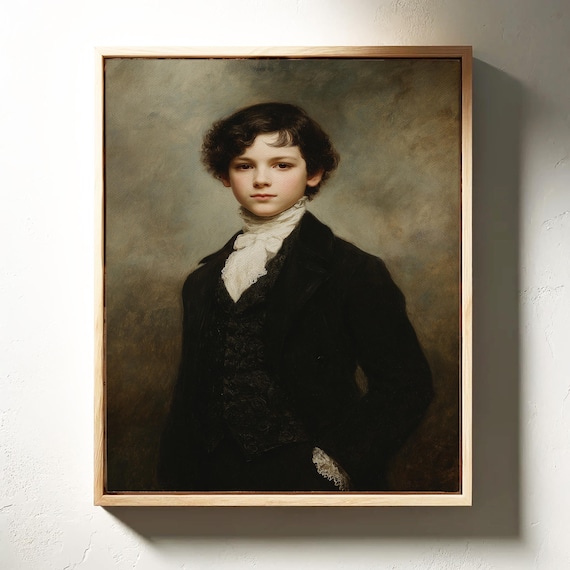 Victorian Boy Portrait In Black Suit And White Cravat Oil Painting Poster