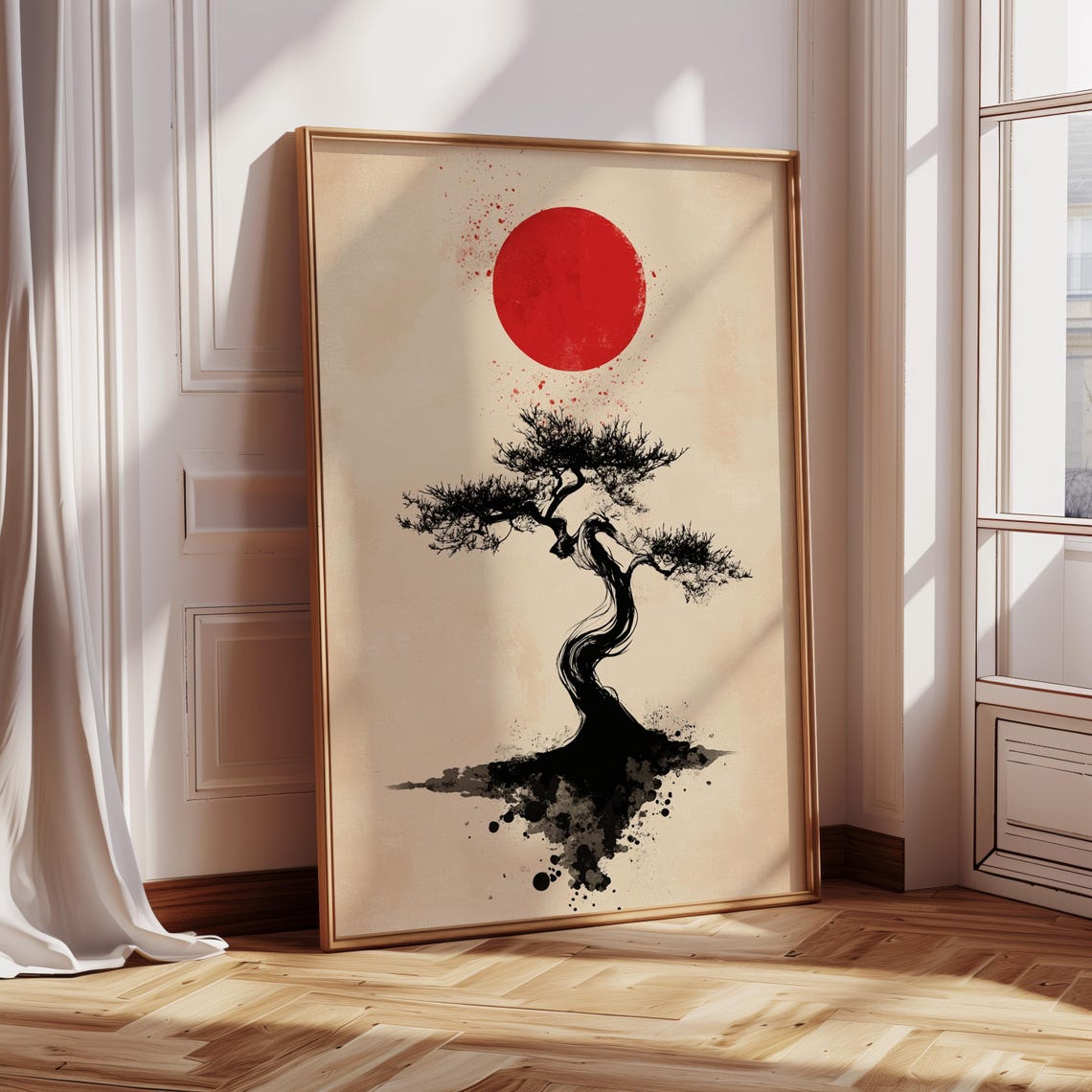 Japanese Bonsai Ink Tree With Red Sun Minimalist Sumi E Poster - Image 5