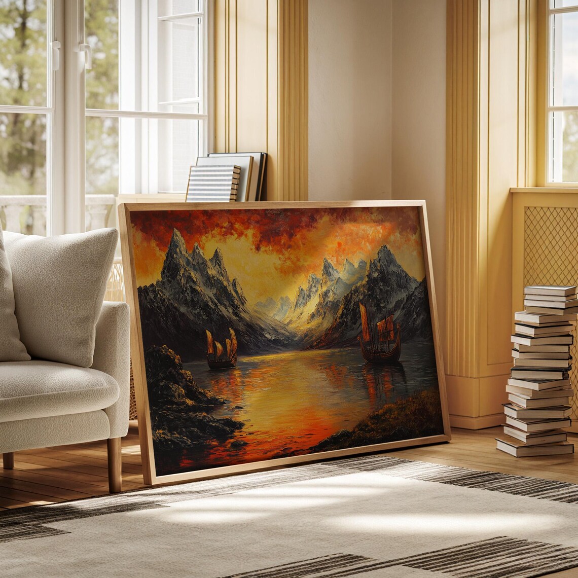 Viking Longship Sunset Landscape, Fjords Reflections - Image 3