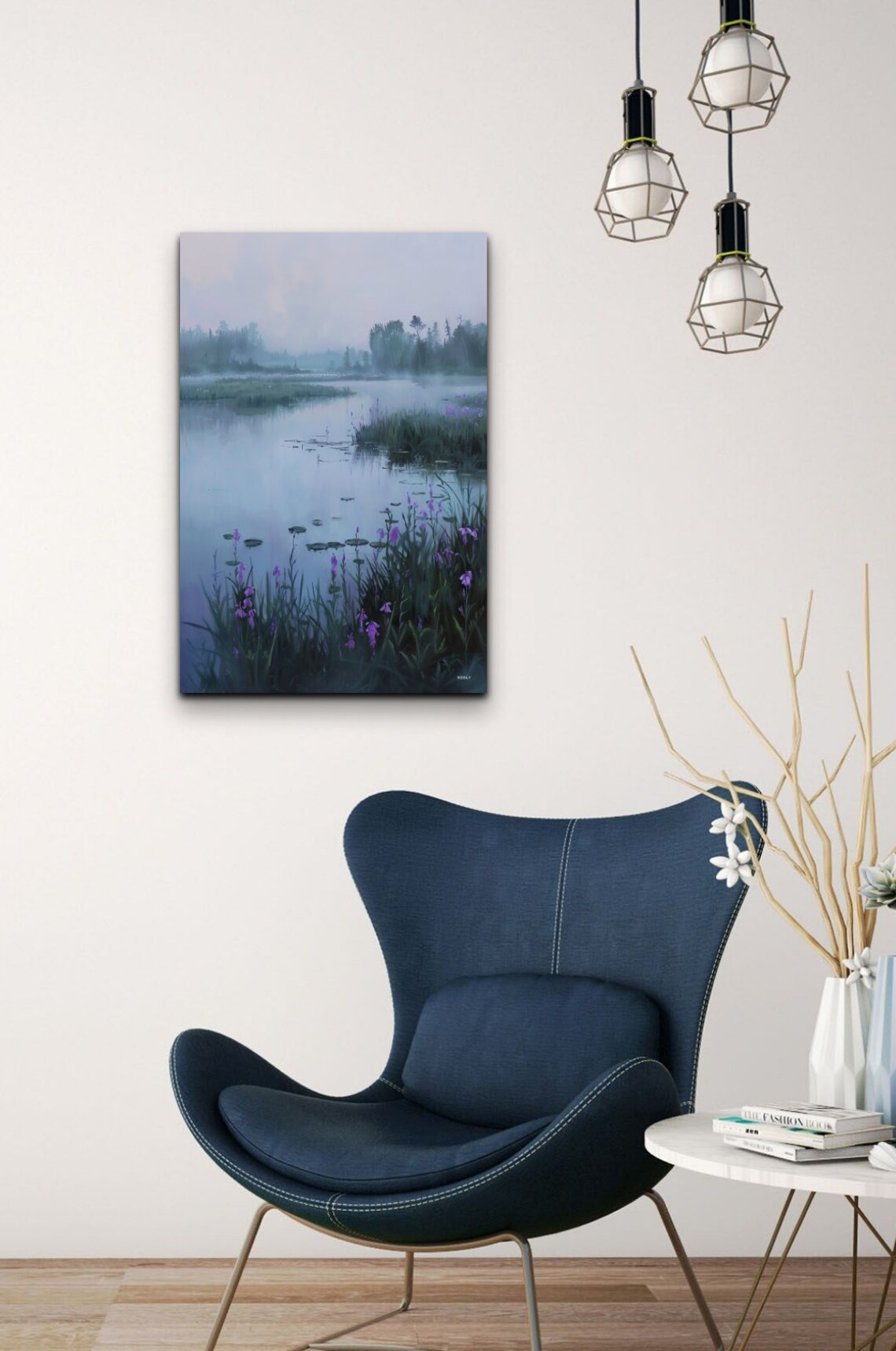 Purple Iris Blooms Beside Foggy Still Lake Floral Art Poster - Image 7