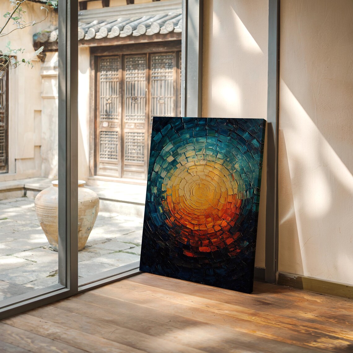 Bold Abstract Sun Oval Mosaic Oil Painting Deep Blue Orange Art - Image 4