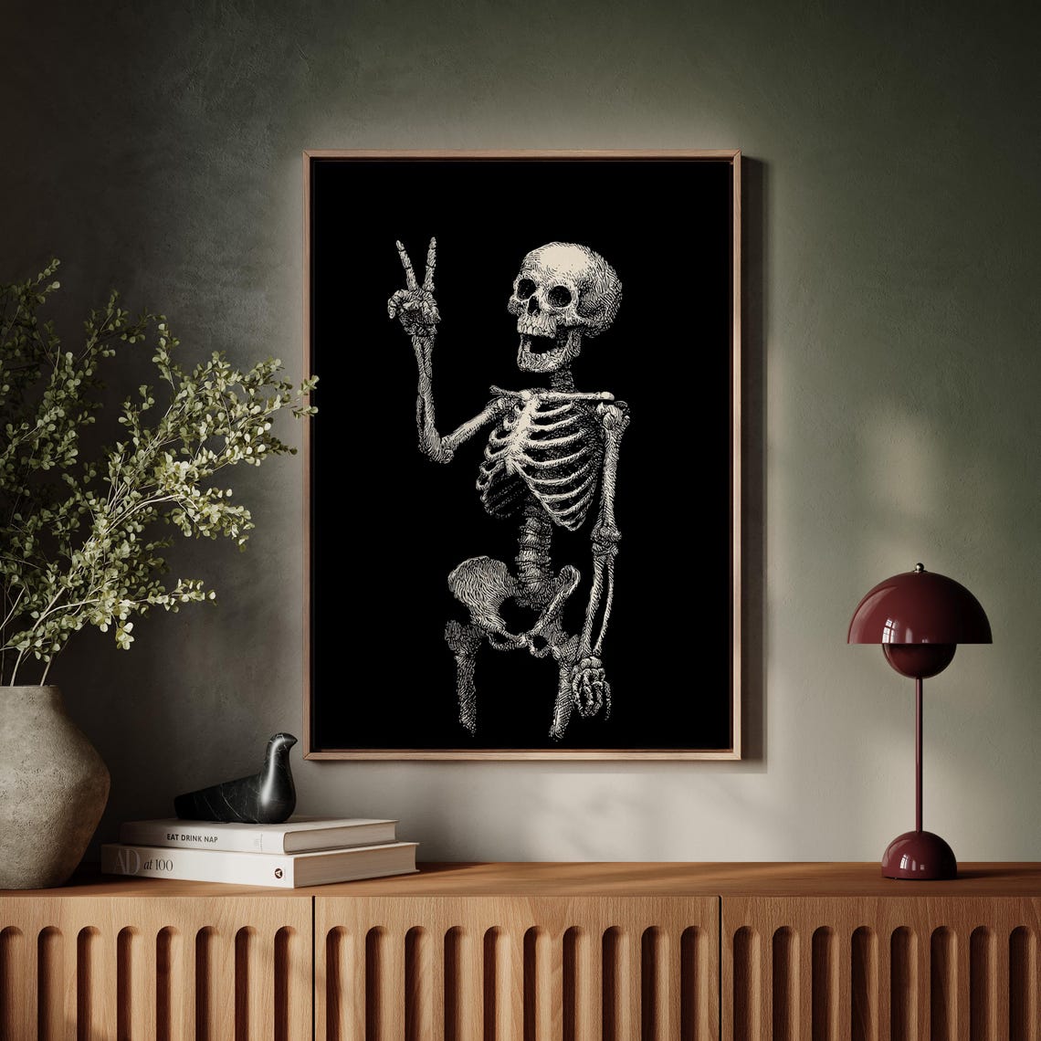 Skeleton Flashing Peace Sign White On Black Gothic Halloween Poster