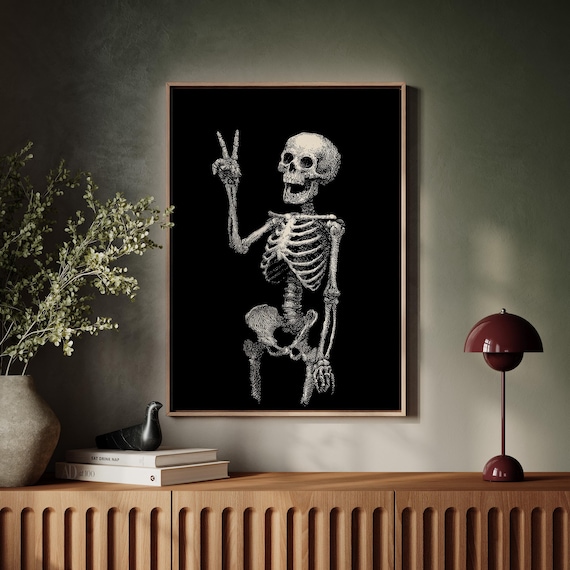Skeleton Peace Sign Canvas Wall Art Gothic Halloween Dcor Vintage Poster Spooky Bone Artwork For Alternative Home Or Bar