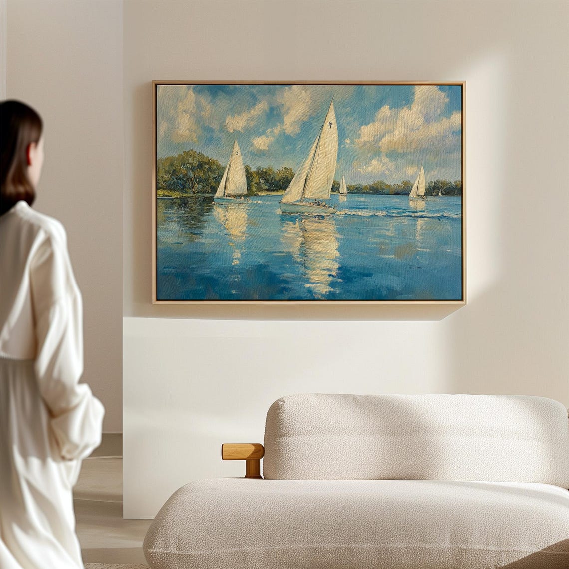 White Sailboats On Blue Lake Under Cloudy Sky Impressionist Poster - Image 4