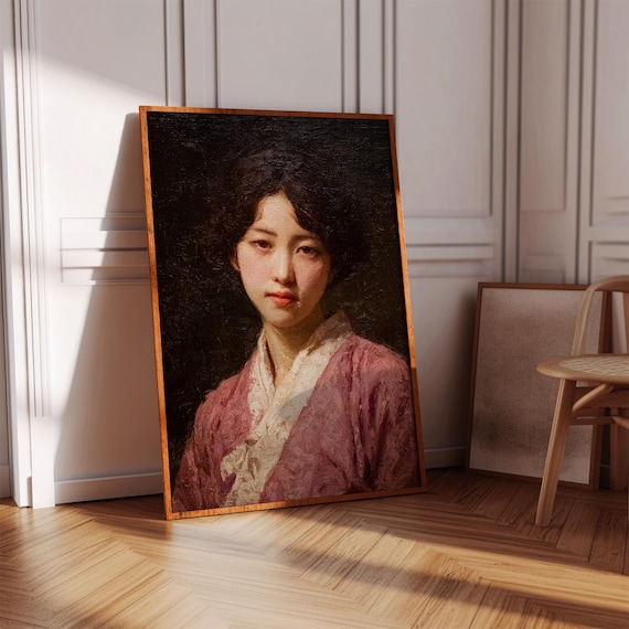 Woman in Pink Kimono Elegant Asian Portrait Vintage Oil Painting Poster