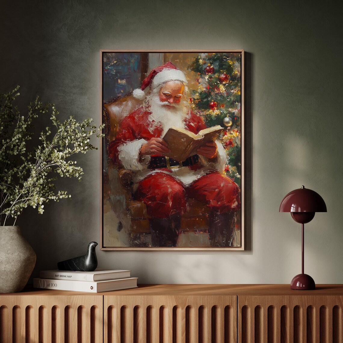 Santa Claus Reading Storybook By Firelit Christmas Tree Poster