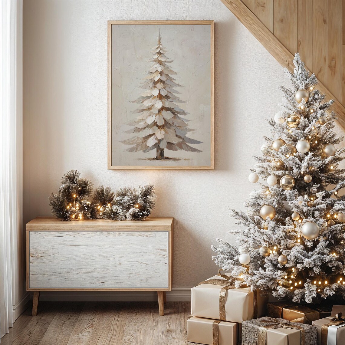 Neutral Christmas Tree Textured Winter Art Print