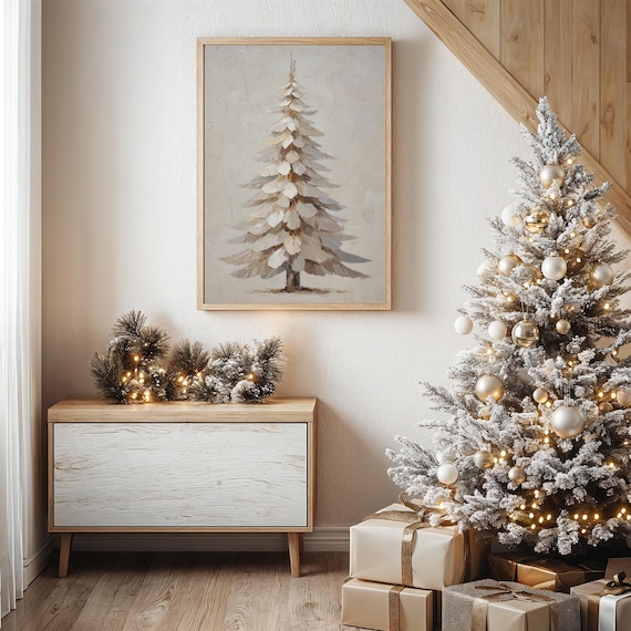 Neutral Christmas Tree Textured Winter Art Print