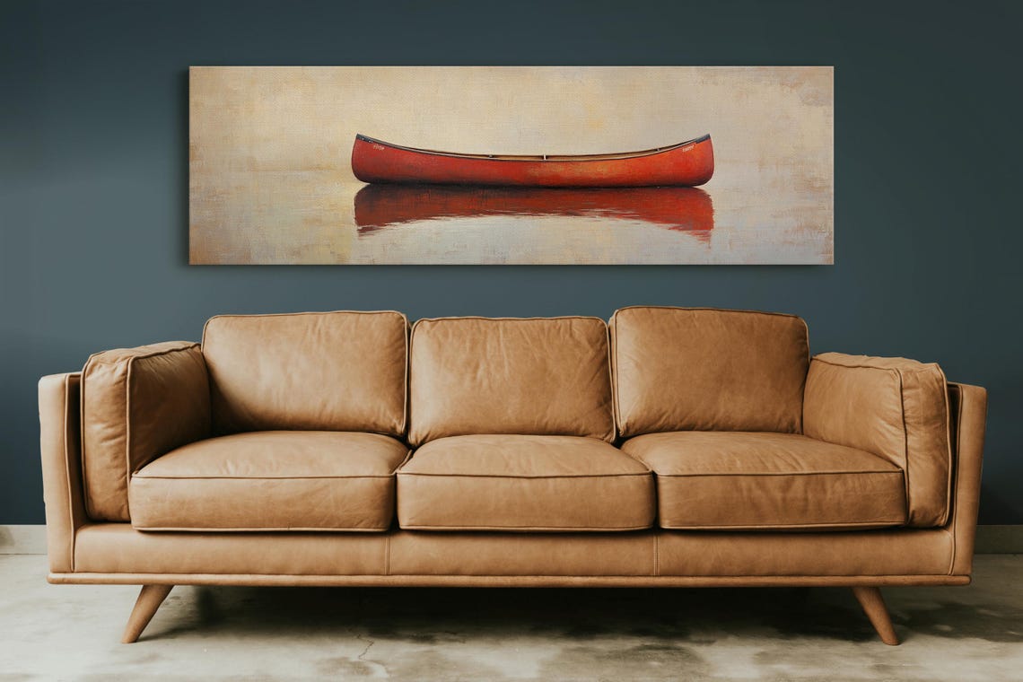 Red Canoe Minimalist Panoramic Still Water Reflection Poster - Image 6