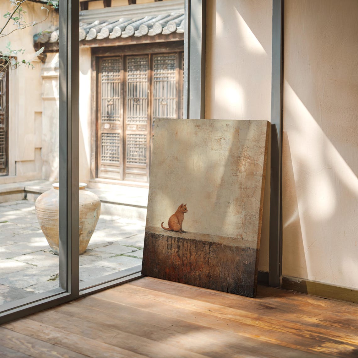 Orange Tabby Cat Sitting Alone Minimalist Textured Beige Poster - Image 4