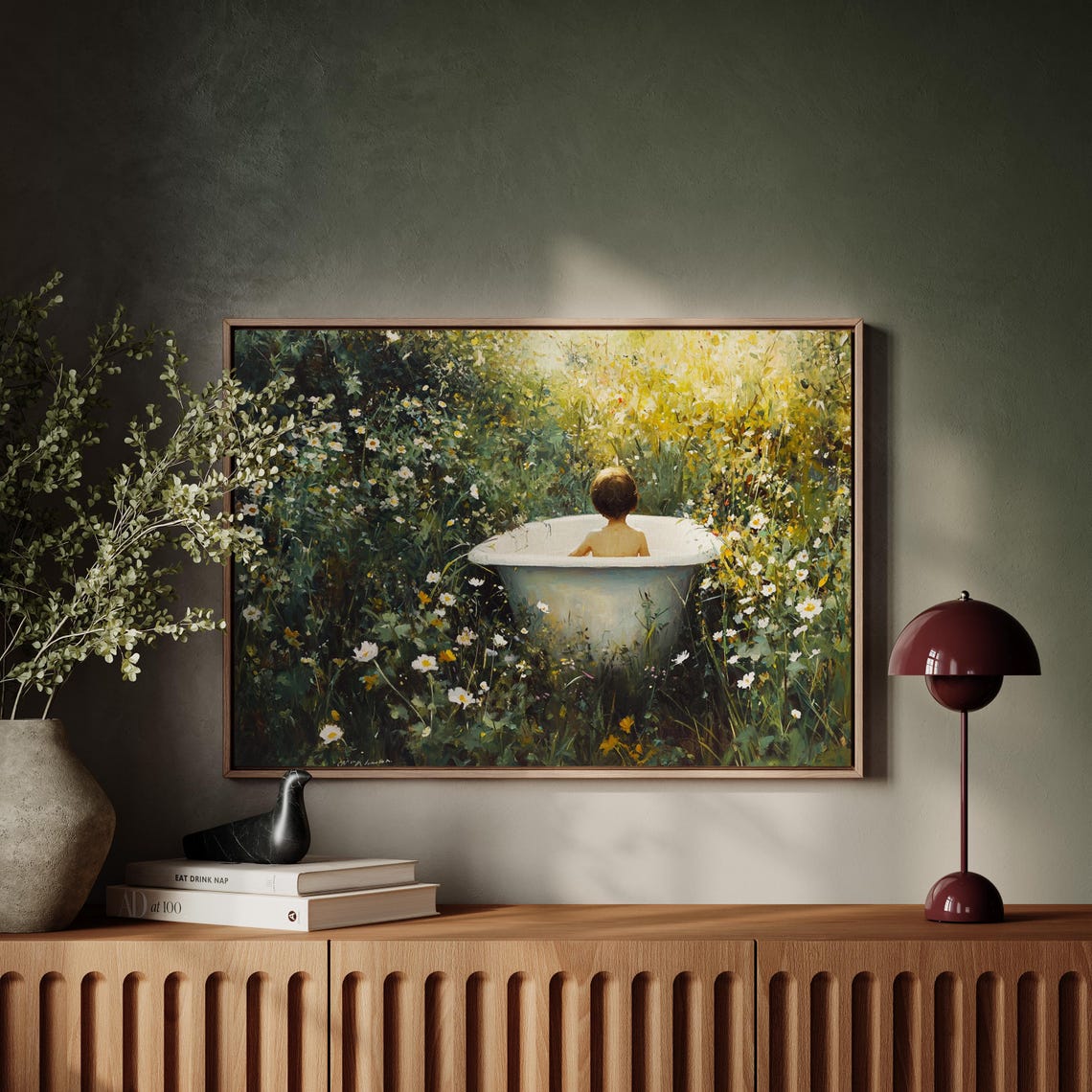 Boy Bathtub Garden Daisies Sunlit Whimsical Vintage Nature Art Poster - Image 3