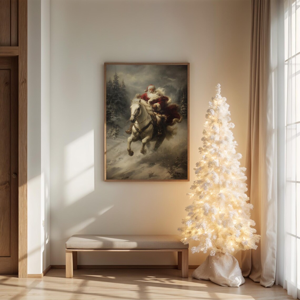 Santa Claus Riding White Horse Through Snowstorm Art Print