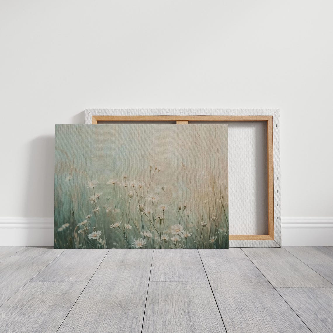 White Daisy Meadow Soft Pastel Misty Wildflower Field Wall Art - Image 3