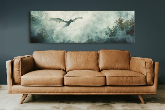 Mystical Dragon Flying Over Foggy Forest Enchanting Panoramic Wall Art For Fantasy Lovers