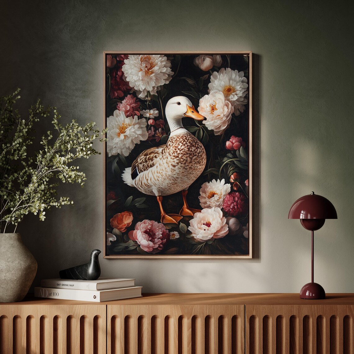 Duck Standing Among White and Pink Peonies Dark Floral Poster - Image 5