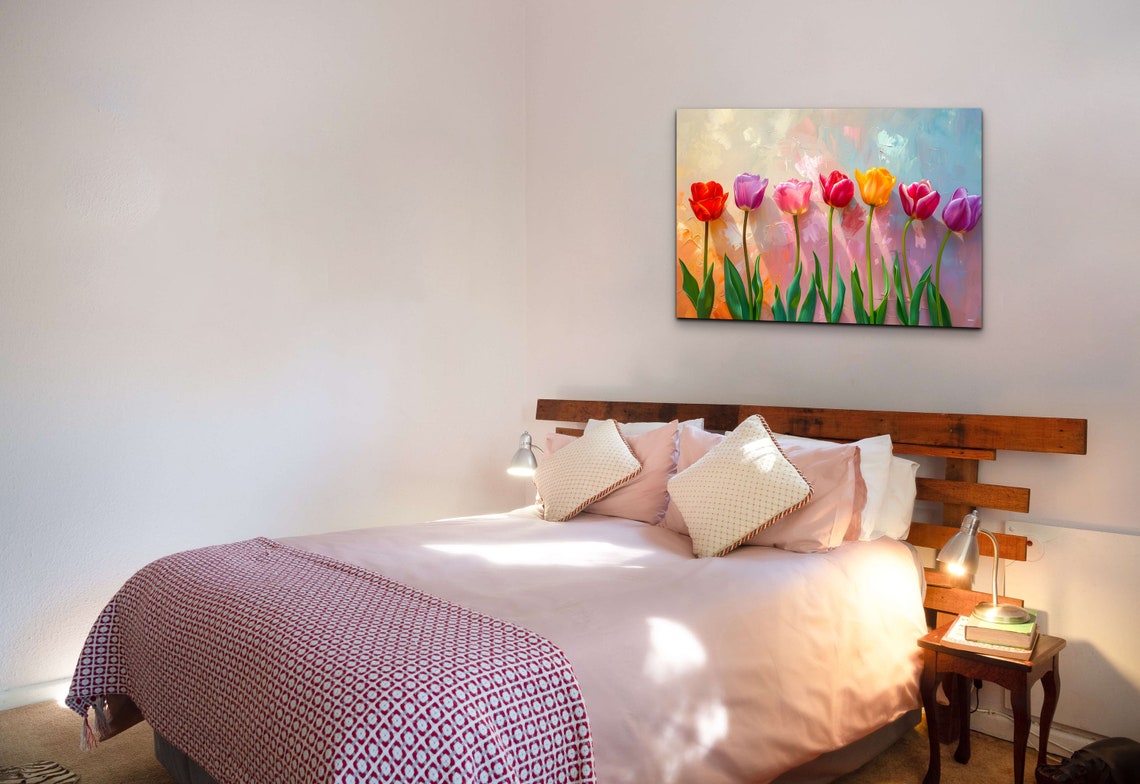 Seven Rainbow Tulips Row Pastel Background Floral Art Poster - Image 4