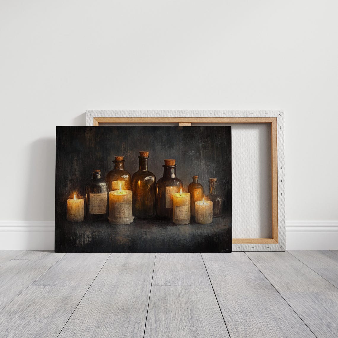 Amber Glass Bottles And Lit Candles Dark Moody Still Life Poster - Image 4