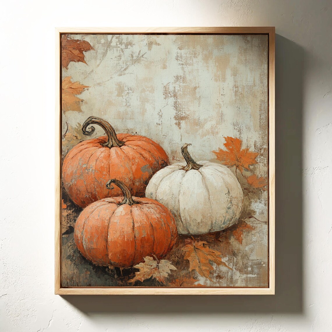 Rustic Orange and White Pumpkins Fall Harvest Painting with Leaves Poster - Image 3