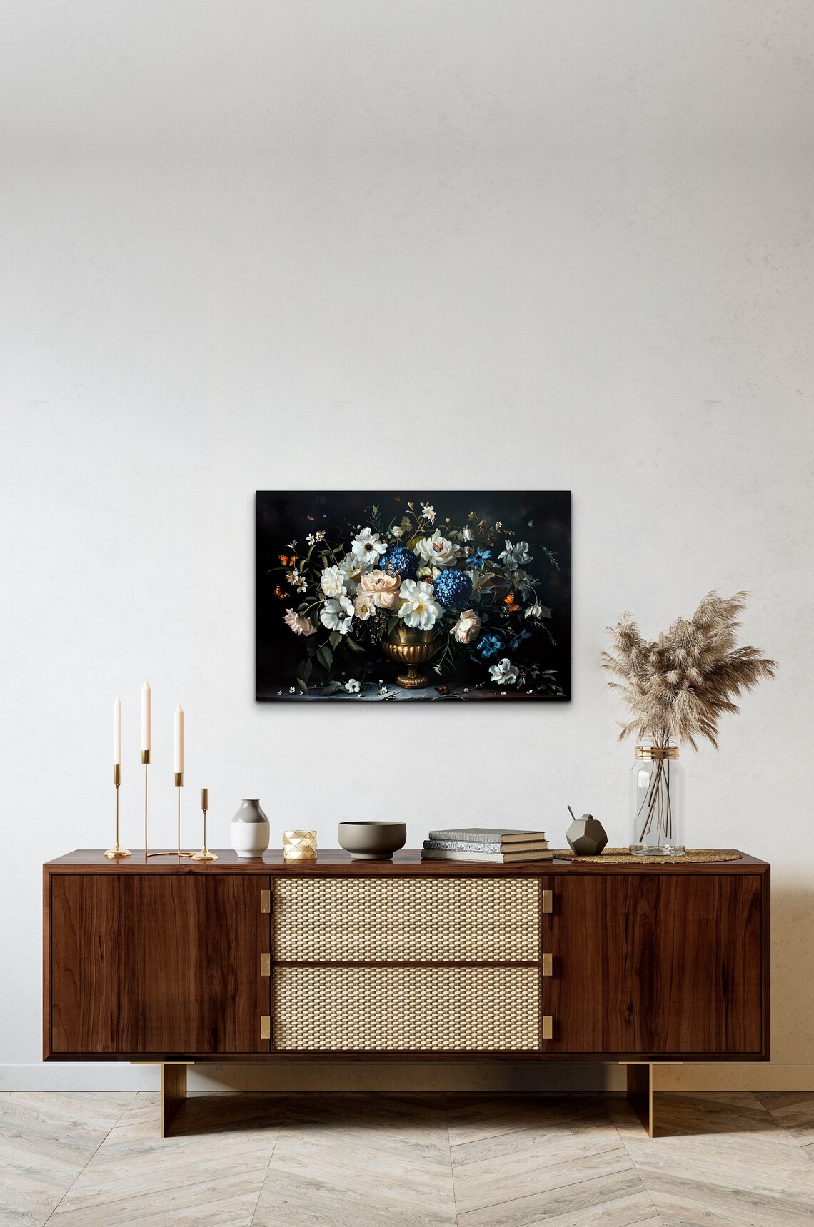Moody Dark Floral Bouquet in Gold Vase with Butterflies Art Poster - Image 5