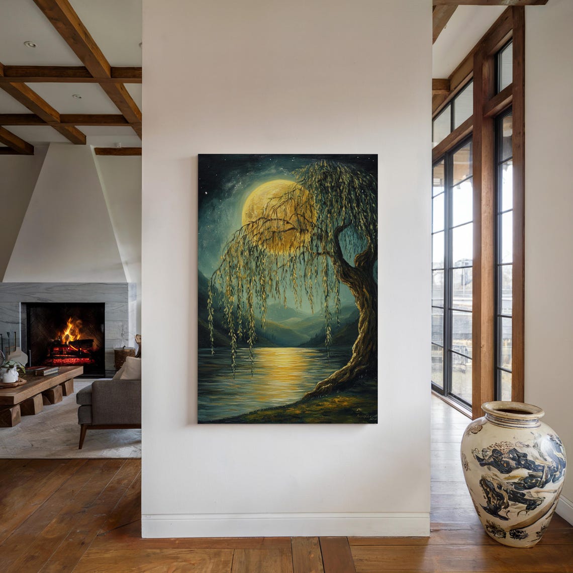 Enchanting Moonlit Willow Tree Serene Nature Art With Glowing Full Moon And Reflective Water Tranquil Wall Decor - Image 5